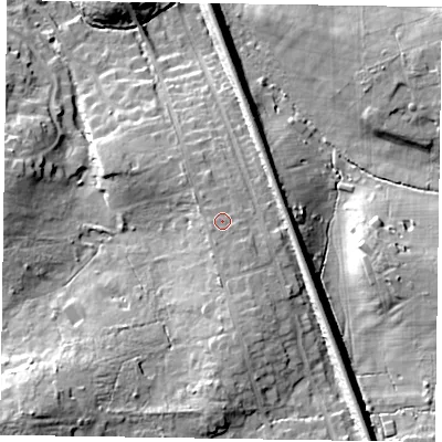 Shaded relief map of the ground around RG456DB, computed from Environment Agency LiDAR. The ground here sits at about 71 m above sea level and falls 20 m across the surrounding 800 m. Surface water reaching this point runs off ground lying to the south-east, 1.2 m higher.