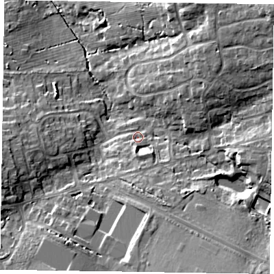 Shaded relief map of the ground around RG456DH, computed from Environment Agency LiDAR. The ground here sits at about 72 m above sea level and falls 19 m across the surrounding 800 m. Surface water reaching this point runs off ground lying to the north-east, 13.8 m higher.
