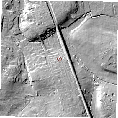 Shaded relief map of the ground around RG456EF, computed from Environment Agency LiDAR. The ground here sits at about 66 m above sea level and falls 12 m across the surrounding 800 m. Surface water reaching this point runs off ground lying to the south-south-east, 7.1 m higher.