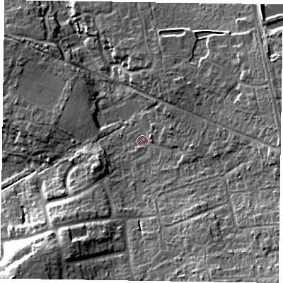Shaded relief map of the ground around RG456JY, computed from Environment Agency LiDAR. The ground here sits at about 73 m above sea level and falls 18 m across the surrounding 800 m. Surface water reaching this point runs off ground lying to the south-east, 12.8 m higher.