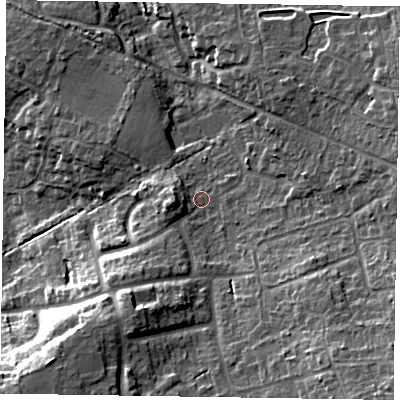 Shaded relief map of the ground around RG456JZ, computed from Environment Agency LiDAR. The ground here sits at about 73 m above sea level and falls 19 m across the surrounding 800 m. Surface water reaching this point runs off ground lying to the south-west, 4.7 m higher.