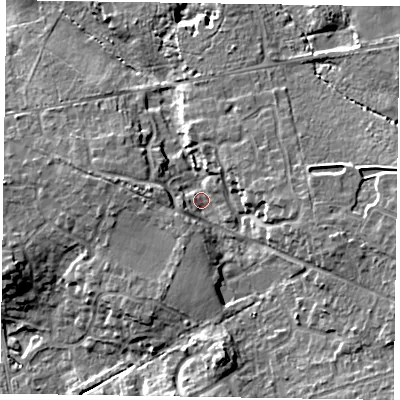 Shaded relief map of the ground around RG456LD, computed from Environment Agency LiDAR. The ground here sits at about 70 m above sea level and falls 13 m across the surrounding 800 m. Surface water reaching this point runs off ground lying to the south-east, 8.5 m higher.