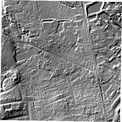 Shaded relief map of the ground around RG456LF, computed from Environment Agency LiDAR. The ground here sits at about 77 m above sea level and falls 20 m across the surrounding 800 m. Surface water reaching this point runs off ground lying to the east-south-east, 6.7 m higher.