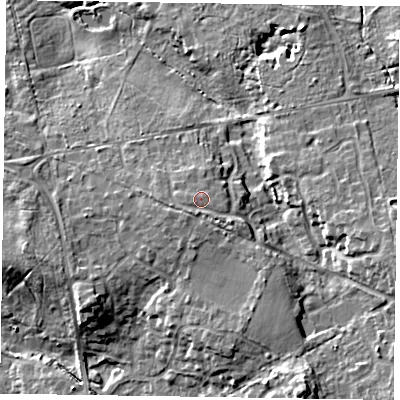Shaded relief map of the ground around RG456LG, computed from Environment Agency LiDAR. The ground here sits at about 73 m above sea level and falls 13 m across the surrounding 800 m. Surface water reaching this point runs off ground lying to the south-south-west, 0.7 m higher.