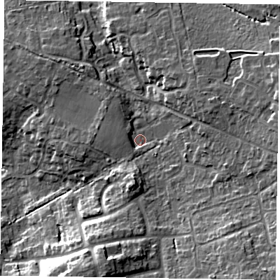 Shaded relief map of the ground around RG456LP, computed from Environment Agency LiDAR. The ground here sits at about 71 m above sea level and falls 16 m across the surrounding 800 m. Surface water reaching this point runs off ground lying to the south, 4.1 m higher.