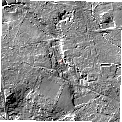 Shaded relief map of the ground around RG456LR, computed from Environment Agency LiDAR. The ground here sits at about 70 m above sea level and falls 13 m across the surrounding 800 m. Surface water reaching this point runs off ground lying to the east-south-east, 8.6 m higher.