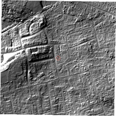 Shaded relief map of the ground around RG456QE, computed from Environment Agency LiDAR. The ground here sits at about 77 m above sea level and falls 21 m across the surrounding 800 m. Surface water reaching this point runs off ground lying to the south-east, 13.0 m higher.