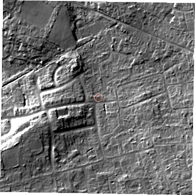 Shaded relief map of the ground around RG456QL, computed from Environment Agency LiDAR. The ground here sits at about 75 m above sea level and falls 21 m across the surrounding 800 m. Surface water reaching this point runs off ground lying to the south-east, 13.6 m higher.