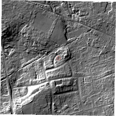 Shaded relief map of the ground around RG456QR, computed from Environment Agency LiDAR. The ground here sits at about 73 m above sea level and falls 18 m across the surrounding 800 m. Surface water reaching this point runs off ground lying to the east-north-east, 4.2 m higher.