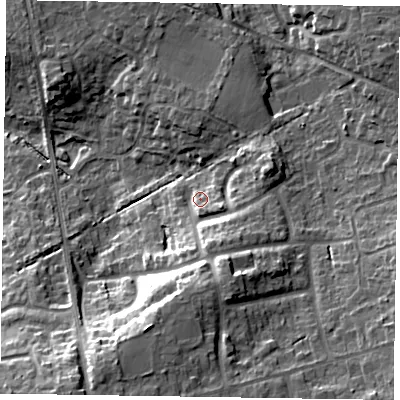 Shaded relief map of the ground around RG456QS, computed from Environment Agency LiDAR. The ground here sits at about 72 m above sea level and falls 19 m across the surrounding 800 m. Surface water reaching this point runs off ground lying to the south-south-east, 7.8 m higher.