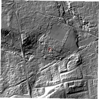 Shaded relief map of the ground around RG456TB, computed from Environment Agency LiDAR. The ground here sits at about 71 m above sea level and falls 18 m across the surrounding 800 m. Surface water reaching this point runs off ground lying to the east-north-east, 3.3 m higher.