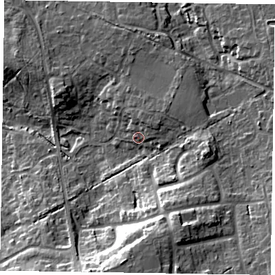Shaded relief map of the ground around RG456TD, computed from Environment Agency LiDAR. The ground here sits at about 71 m above sea level and falls 19 m across the surrounding 800 m. Surface water reaching this point runs off ground lying to the north-east, 4.0 m higher.