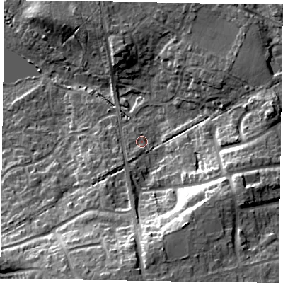 Shaded relief map of the ground around RG456TF, computed from Environment Agency LiDAR. The ground here sits at about 68 m above sea level and falls 20 m across the surrounding 800 m. Surface water reaching this point runs off ground lying to the south-south-west, 2.7 m higher.