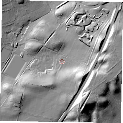 Shaded relief map of the ground around RG457EY, computed from Environment Agency LiDAR. The ground here sits at about 95 m above sea level and falls 42 m across the surrounding 800 m. Surface water reaching this point runs off ground lying to the south-east, 26.4 m higher.