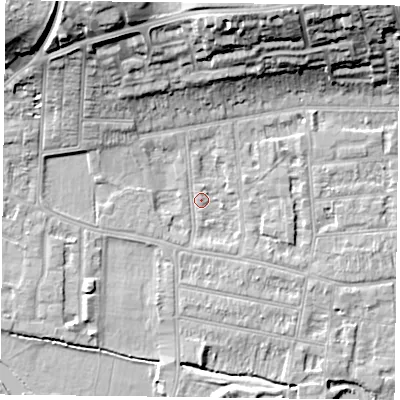Shaded relief map of the ground around RG45AA, computed from Environment Agency LiDAR. The ground here sits at about 38 m above sea level and falls 20 m across the surrounding 800 m. Surface water reaching this point runs off ground lying to the north-west, 17.9 m higher.