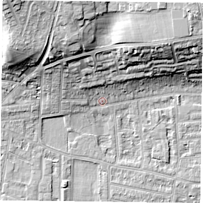 Shaded relief map of the ground around RG45AB, computed from Environment Agency LiDAR. The ground here sits at about 39 m above sea level and falls 24 m across the surrounding 800 m. Surface water reaching this point runs off ground lying to the north-north-west, 17.2 m higher.