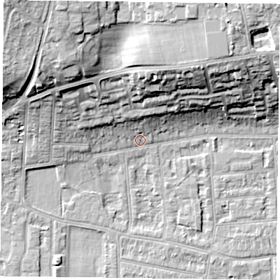 Shaded relief map of the ground around RG45AD, computed from Environment Agency LiDAR. The ground here sits at about 38 m above sea level and falls 22 m across the surrounding 800 m. Surface water reaching this point runs off ground lying to the north-north-west, 18.3 m higher.