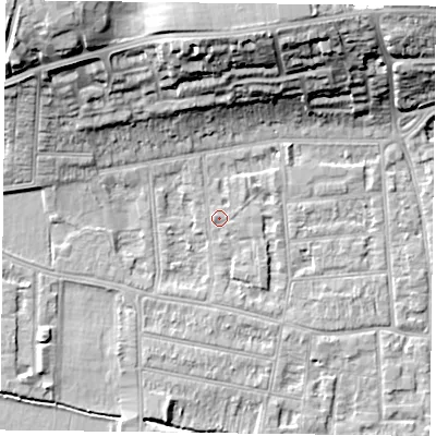 Shaded relief map of the ground around RG45AE, computed from Environment Agency LiDAR. The ground here sits at about 38 m above sea level and falls 19 m across the surrounding 800 m. Surface water reaching this point runs off ground lying to the north-west, 17.8 m higher.