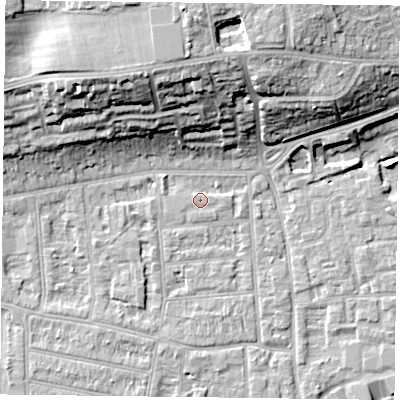 Shaded relief map of the ground around RG45AF, computed from Environment Agency LiDAR. The ground here sits at about 38 m above sea level and falls 20 m across the surrounding 800 m. Surface water reaching this point runs off ground lying to the west-north-west, 1.2 m higher.