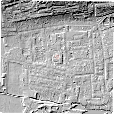 Shaded relief map of the ground around RG45AH, computed from Environment Agency LiDAR. The ground here sits at about 38 m above sea level and falls 17 m across the surrounding 800 m. Surface water reaching this point runs off ground lying to the south, 0.6 m higher.