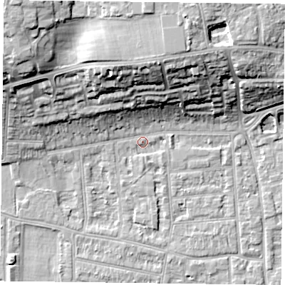 Shaded relief map of the ground around RG45AJ, computed from Environment Agency LiDAR. The ground here sits at about 38 m above sea level and falls 20 m across the surrounding 800 m. Surface water reaching this point runs off ground lying to the north-west, 19.8 m higher.