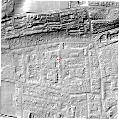 Shaded relief map of the ground around RG45AL, computed from Environment Agency LiDAR. The ground here sits at about 38 m above sea level and falls 19 m across the surrounding 800 m. Surface water reaching this point runs off ground lying to the north, 1.2 m higher.