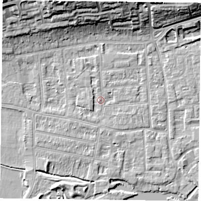Shaded relief map of the ground around RG45AN, computed from Environment Agency LiDAR. The ground here sits at about 37 m above sea level and falls 17 m across the surrounding 800 m. Surface water reaching this point runs off ground lying to the south-west, 1.6 m higher.