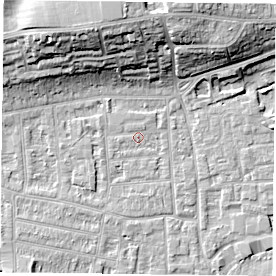 Shaded relief map of the ground around RG45AP, computed from Environment Agency LiDAR. The ground here sits at about 37 m above sea level and falls 19 m across the surrounding 800 m. Surface water reaching this point runs off ground lying to the north-north-east, 1.3 m higher.