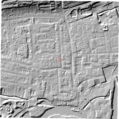 Shaded relief map of the ground around RG45AR, computed from Environment Agency LiDAR. The ground here sits at about 37 m above sea level and falls 11 m across the surrounding 800 m. Surface water reaching this point runs off ground lying to the north-north-west, 9.9 m higher.