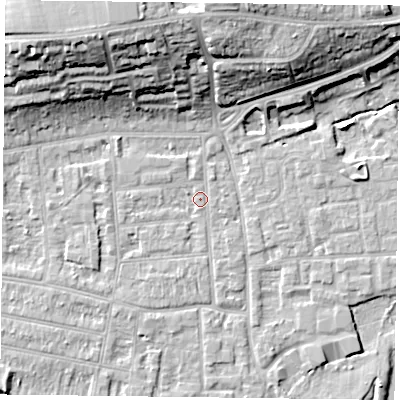 Shaded relief map of the ground around RG45AS, computed from Environment Agency LiDAR. The ground here sits at about 37 m above sea level and falls 19 m across the surrounding 800 m. Surface water reaching this point runs off ground lying to the north-north-west, 17.8 m higher.