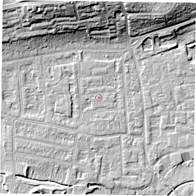 Shaded relief map of the ground around RG45AT, computed from Environment Agency LiDAR. The ground here sits at about 37 m above sea level and falls 19 m across the surrounding 800 m. Surface water reaching this point runs off ground lying to the north-west, 0.7 m higher.