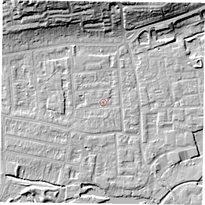 Shaded relief map of the ground around RG45AU, computed from Environment Agency LiDAR. The ground here sits at about 37 m above sea level and falls 17 m across the surrounding 800 m. Surface water reaching this point runs off ground lying to the west-south-west, 1.6 m higher.