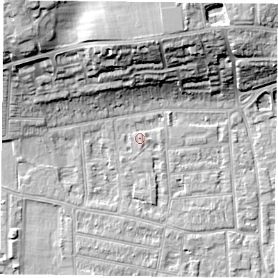 Shaded relief map of the ground around RG45AW, computed from Environment Agency LiDAR. The ground here sits at about 38 m above sea level and falls 19 m across the surrounding 800 m. Surface water reaching this point runs off ground lying to the east, 1.9 m higher.