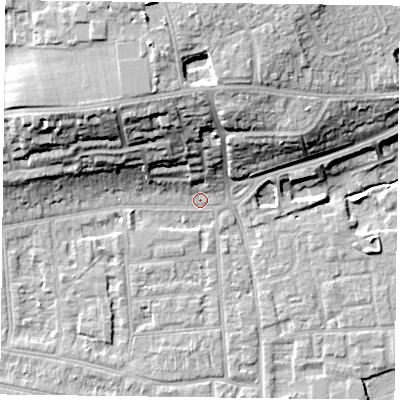 Shaded relief map of the ground around RG45AX, computed from Environment Agency LiDAR. The ground here sits at about 38 m above sea level and falls 21 m across the surrounding 800 m. Surface water reaching this point runs off ground lying to the north-north-west, 19.1 m higher.