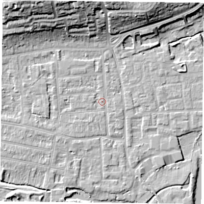 Shaded relief map of the ground around RG45AY, computed from Environment Agency LiDAR. The ground here sits at about 37 m above sea level and falls 19 m across the surrounding 800 m. Surface water reaching this point runs off ground lying to the north-north-west, 17.2 m higher.