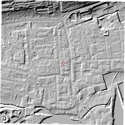Shaded relief map of the ground around RG45AZ, computed from Environment Agency LiDAR. The ground here sits at about 37 m above sea level and falls 14 m across the surrounding 800 m. Surface water reaching this point runs off ground lying to the north-north-west, 11.7 m higher.