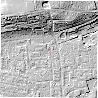Shaded relief map of the ground around RG45BA, computed from Environment Agency LiDAR. The ground here sits at about 38 m above sea level and falls 20 m across the surrounding 800 m. Surface water reaching this point runs off ground lying to the north-north-west, 18.5 m higher.