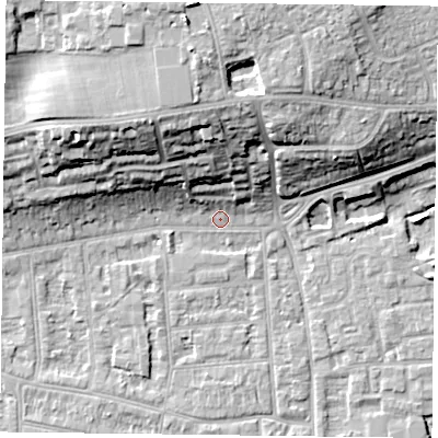 Shaded relief map of the ground around RG45BB, computed from Environment Agency LiDAR. The ground here sits at about 38 m above sea level and falls 21 m across the surrounding 800 m. Surface water reaching this point runs off ground lying to the north-west, 17.1 m higher.