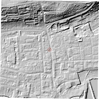 Shaded relief map of the ground around RG45BE, computed from Environment Agency LiDAR. The ground here sits at about 37 m above sea level and falls 19 m across the surrounding 800 m. Surface water reaching this point runs off ground lying to the north, 16.4 m higher.