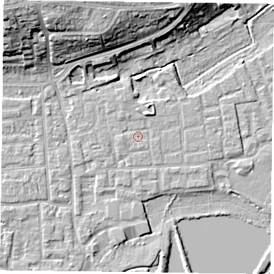 Shaded relief map of the ground around RG45BF, computed from Environment Agency LiDAR. The ground here sits at about 37 m above sea level and falls 18 m across the surrounding 800 m. Surface water reaching this point runs off ground lying to the north-north-west, 1.0 m higher.