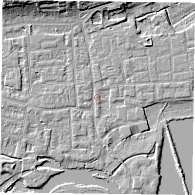 Shaded relief map of the ground around RG45BG, computed from Environment Agency LiDAR. The ground here sits at about 37 m above sea level and falls 10 m across the surrounding 800 m. Surface water reaching this point runs off ground lying to the north-west, 9.1 m higher.