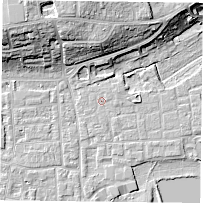 Shaded relief map of the ground around RG45BH, computed from Environment Agency LiDAR. The ground here sits at about 37 m above sea level and falls 20 m across the surrounding 800 m. Surface water reaching this point runs off ground lying to the east-north-east, 1.1 m higher.