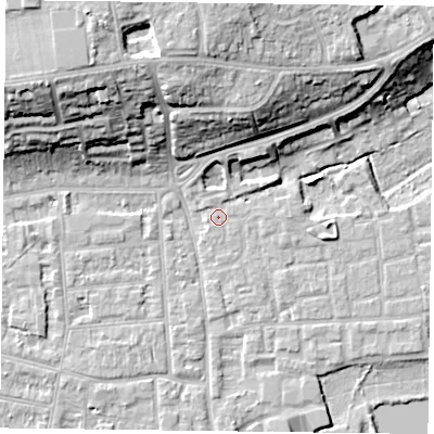 Shaded relief map of the ground around RG45BJ, computed from Environment Agency LiDAR. The ground here sits at about 37 m above sea level and falls 21 m across the surrounding 800 m. Surface water reaching this point runs off ground lying to the north-east, 5.9 m higher.