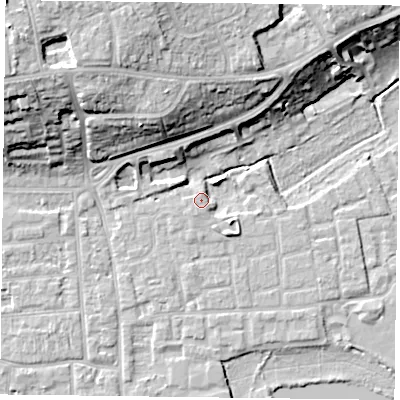Shaded relief map of the ground around RG45BL, computed from Environment Agency LiDAR. The ground here sits at about 38 m above sea level and falls 21 m across the surrounding 800 m. Surface water reaching this point runs off ground lying to the south-east, 3.2 m higher.