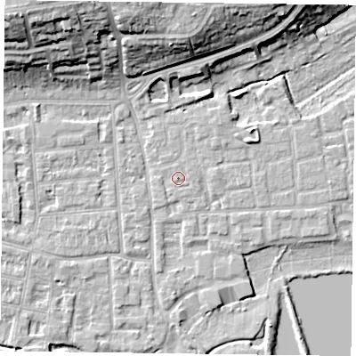 Shaded relief map of the ground around RG45BN, computed from Environment Agency LiDAR. The ground here sits at about 37 m above sea level and falls 19 m across the surrounding 800 m. The ground contributing surface water to this point lies to the south-south-east.