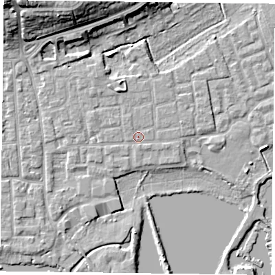 Shaded relief map of the ground around RG45BP, computed from Environment Agency LiDAR. The ground here sits at about 37 m above sea level and falls 16 m across the surrounding 800 m. Surface water reaching this point runs off ground lying to the north-north-west, 2.0 m higher.