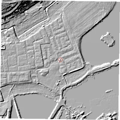 Shaded relief map of the ground around RG45BQ, computed from Environment Agency LiDAR. The ground here sits at about 37 m above sea level and falls 14 m across the surrounding 800 m. Surface water reaching this point runs off ground lying to the west, 1.4 m higher.