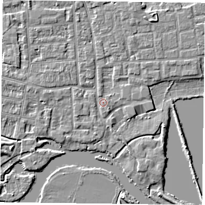 Shaded relief map of the ground around RG45BS, computed from Environment Agency LiDAR. The ground here sits at about 37 m above sea level and falls 4 m across the surrounding 800 m. Surface water reaching this point runs off ground lying to the north-north-east, 2.7 m higher.