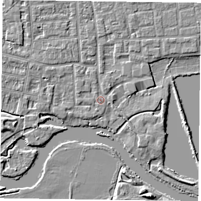 Shaded relief map of the ground around RG45BT, computed from Environment Agency LiDAR. The ground here sits at about 37 m above sea level and falls 6 m across the surrounding 800 m. Surface water reaching this point runs off ground lying to the west-north-west, 1.1 m higher.