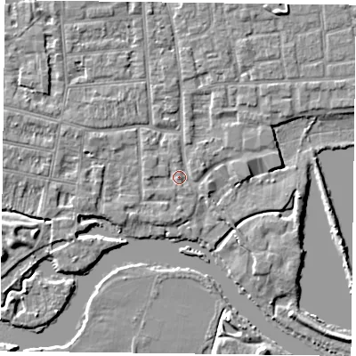 Shaded relief map of the ground around RG45BU, computed from Environment Agency LiDAR. The ground here sits at about 37 m above sea level and falls 5 m across the surrounding 800 m. Surface water reaching this point runs off ground lying to the west-north-west, 2.0 m higher.